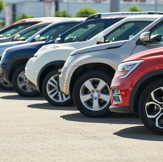 Rangée de voitures neuves ou d'occasion alignées sur un parking ensoleillé Les Essarts-le-Roi dans les Yvelines 78